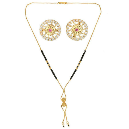 AanyaCentric Gold-Polished Short Mangalsutra Set with Earrings