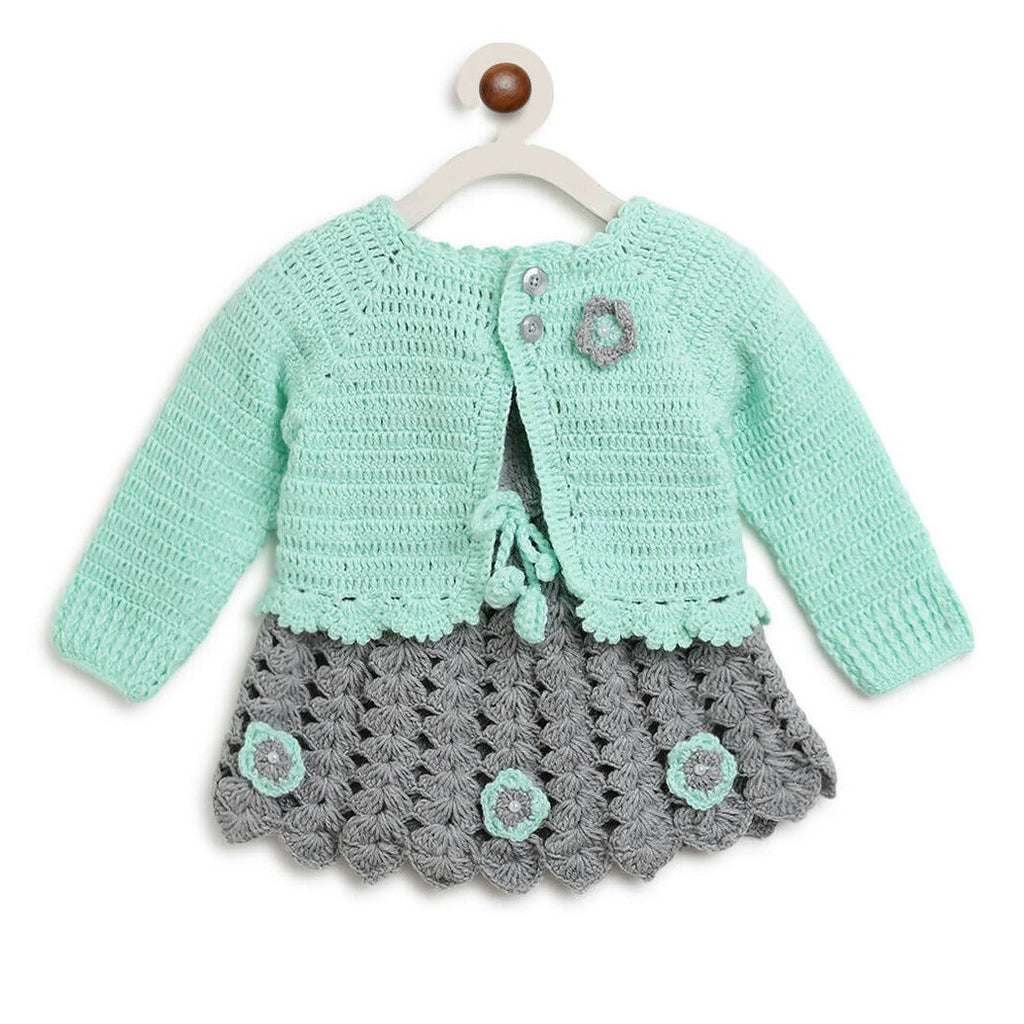 ChutPut Hand knitted Crochet Maharani Wool Dress For Baby Girls - Green