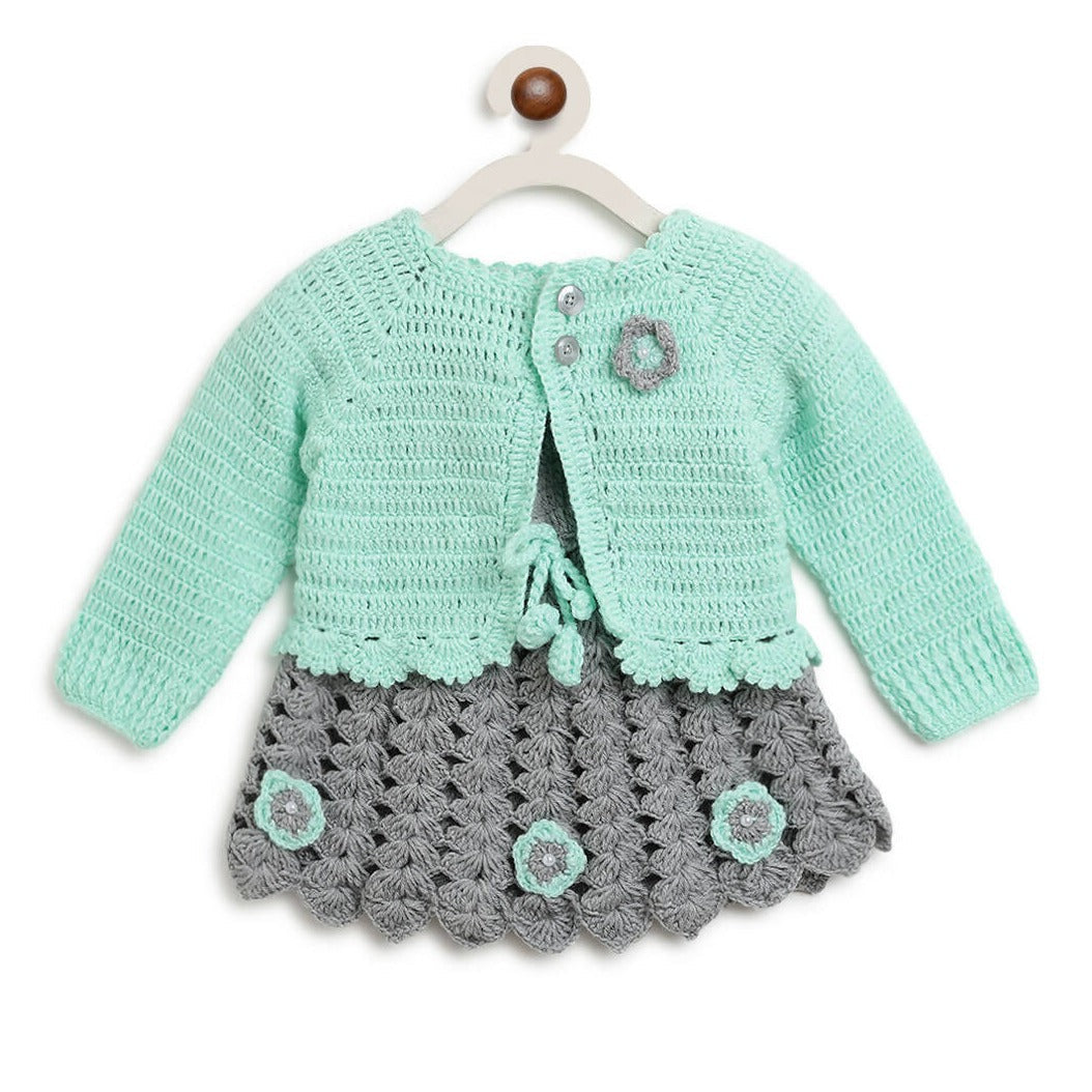 ChutPut Hand knitted Crochet Maharani Wool Dress For Baby Girls - Green