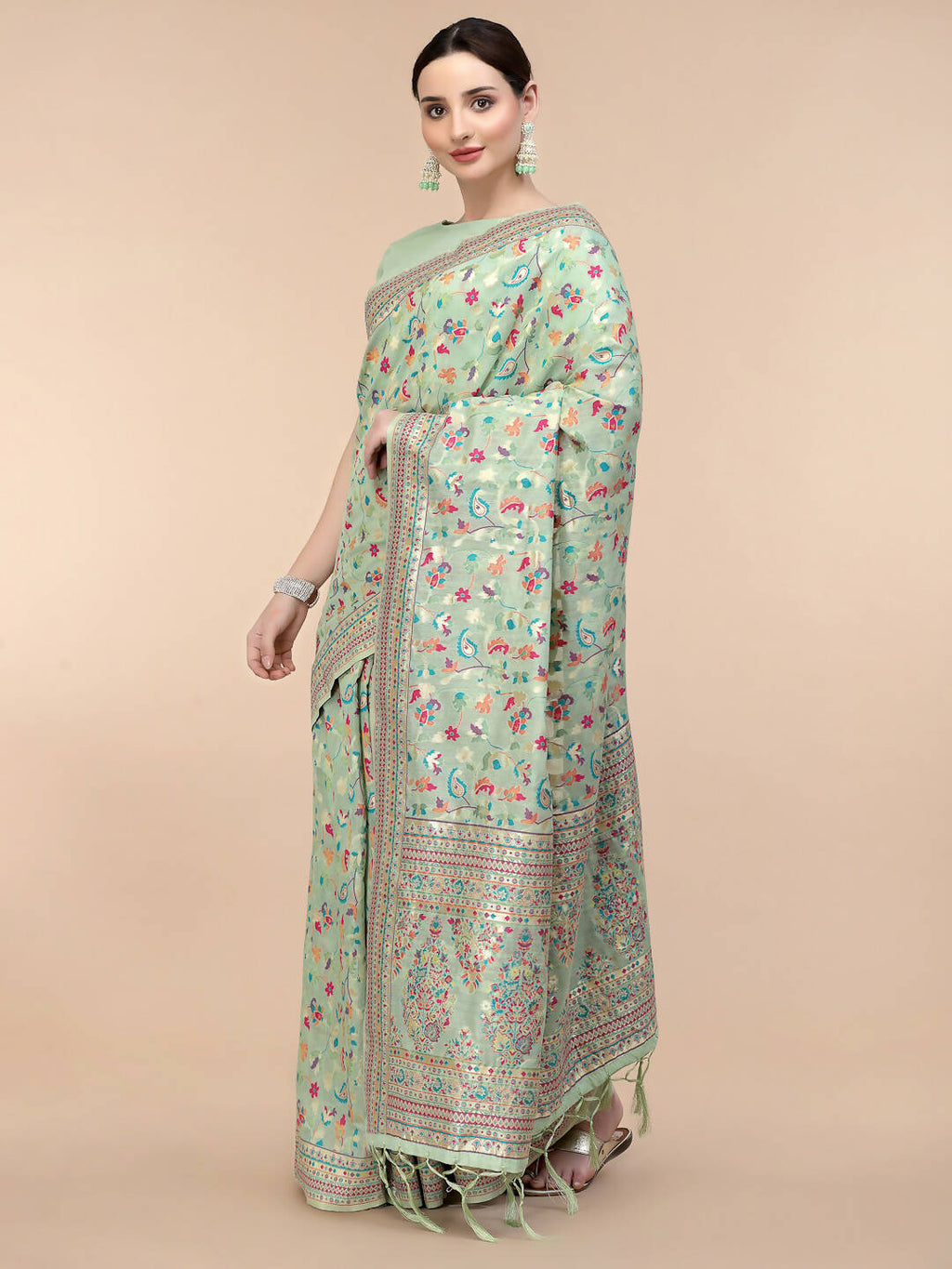 Sea Green Silk Blend Woven Design Saree With Unstitched Blouse Piece - Aloki