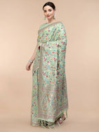 Sea Green Silk Blend Woven Design Saree With Unstitched Blouse Piece - Aloki
