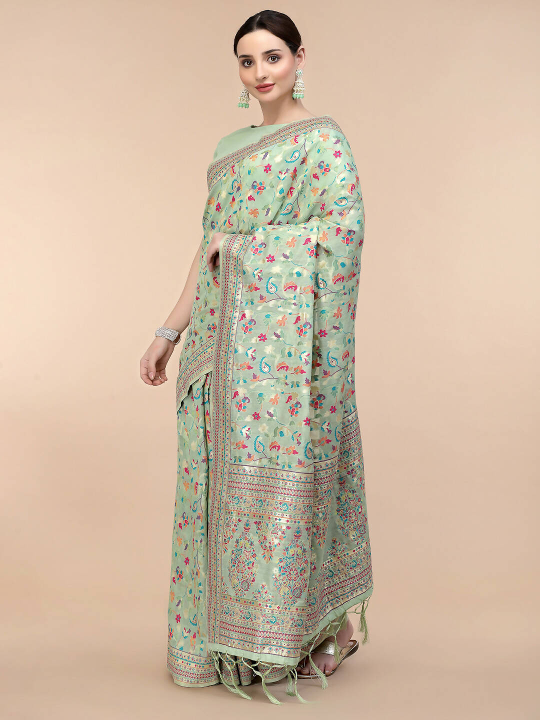 Sea Green Silk Blend Woven Design Saree With Unstitched Blouse Piece - Aloki