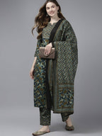 Yufta Women Olive Green Floral Yoke Design Pure Cotton Kurta with Palazzo and Dupatta
