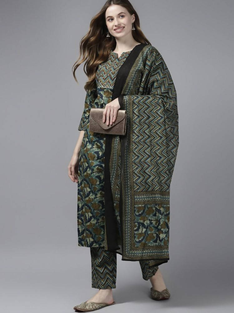 Yufta Women Olive Green Floral Yoke Design Pure Cotton Kurta with Palazzo and Dupatta