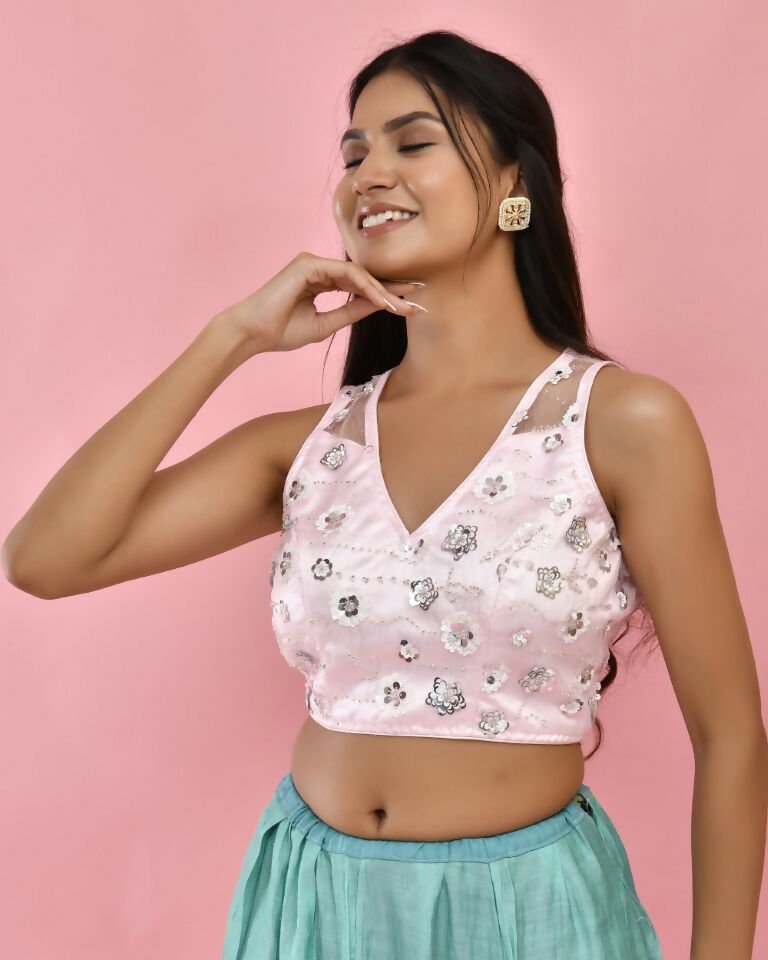Amodini Designer Studio Pink Floral Sleeveless Padded Blouse