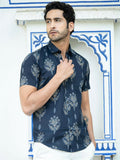 Miravan Men's Pure Cotton Blue Floral Printed Half Sleeve Slim Fit Shirt