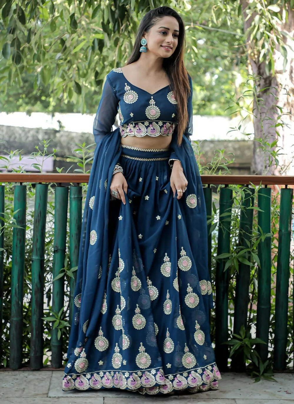 Jyoti Fashion Blue Sequence with Thread Zari Embroidery Georgette Lehenga Choli with Dupatta