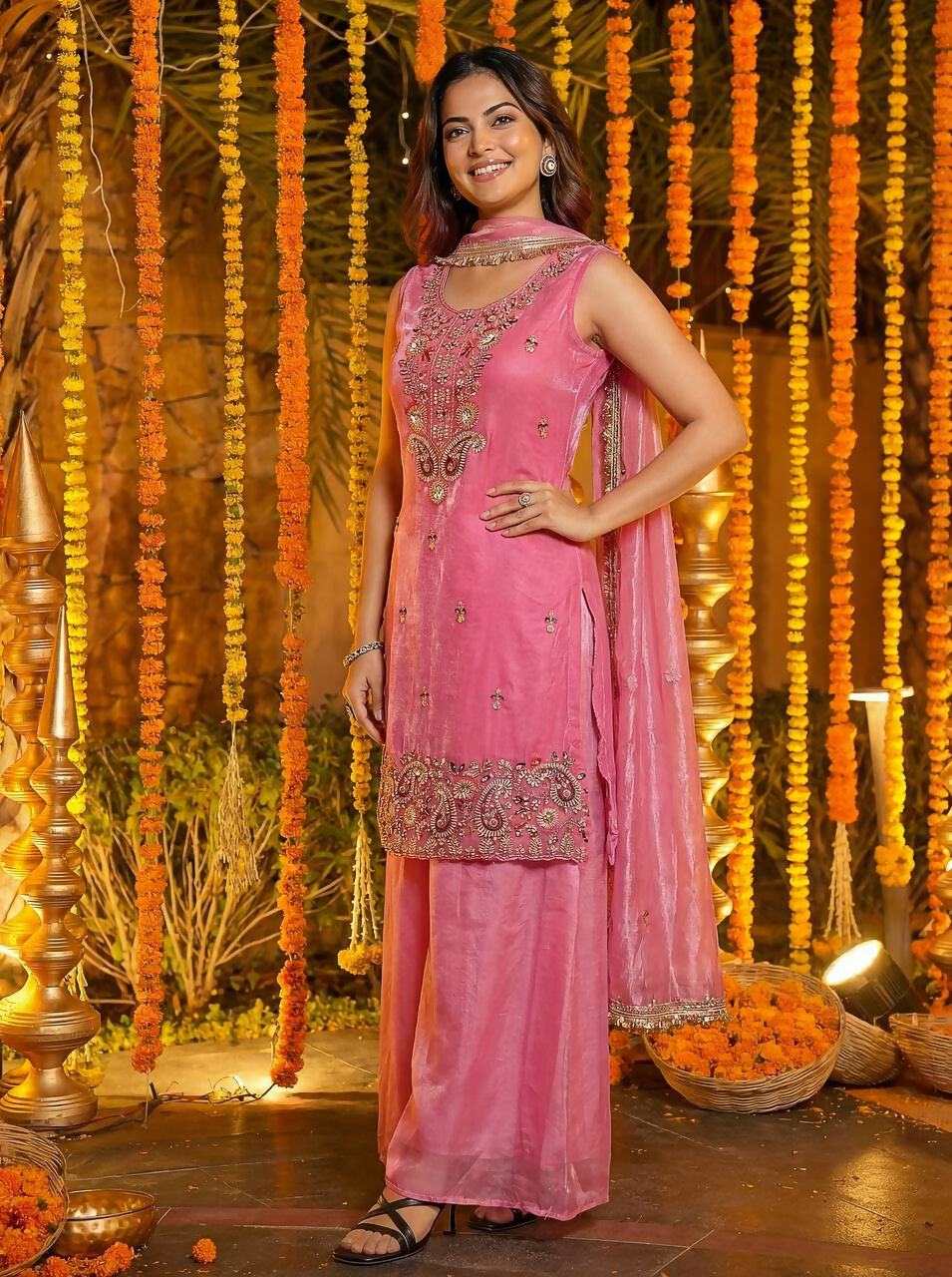 Teeya Creation Pink Fendy Silk Beads Work Designer Wedding Wear Salwar Suit - Distacart