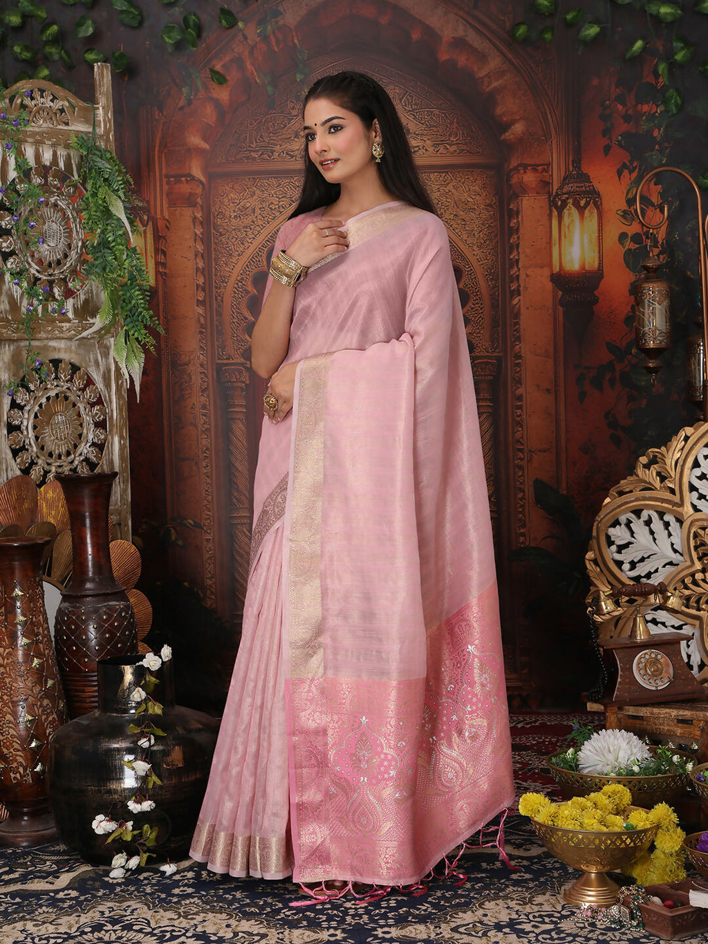 Shree Shyam Fashion Organza Light Pink Saree - Distacart