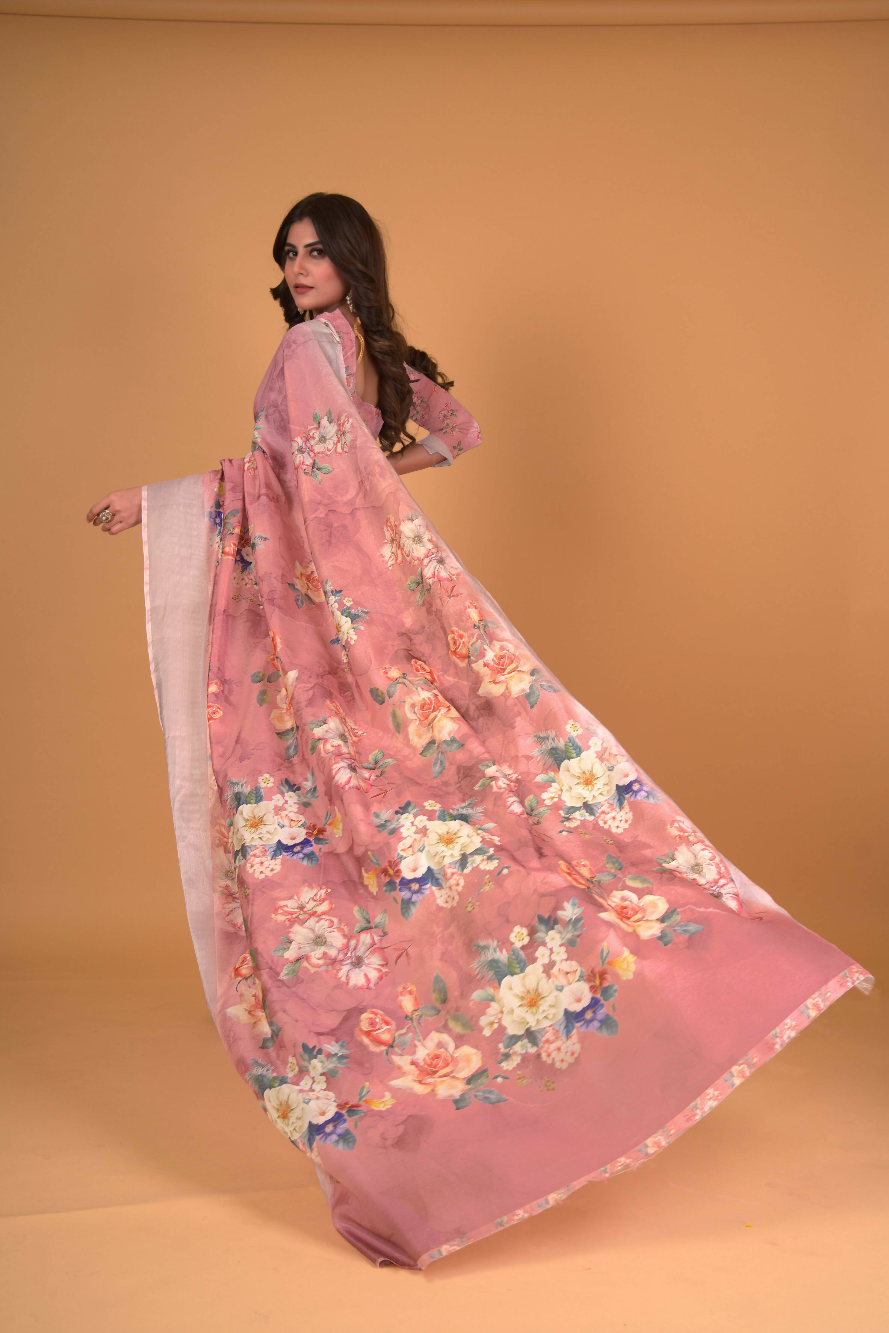 Mauve Cotton Silk Floral Printed Saree With Unstitched Blouse Piece - Akshita