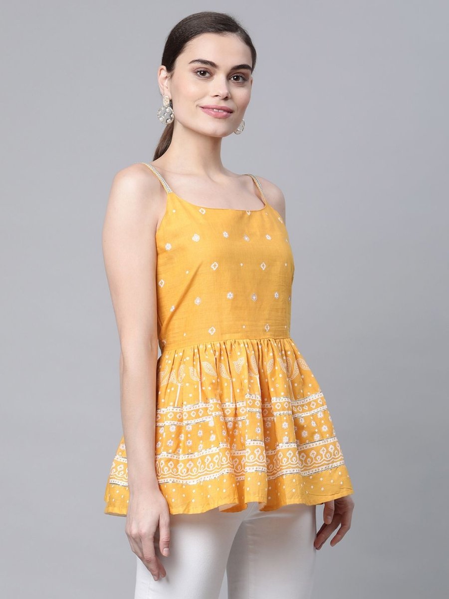 Ahalyaa Women Mustard Pure Cotton Porcian Print Shoulder Straps Tunic - Distacart
