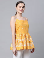 Ahalyaa Women Mustard Pure Cotton Porcian Print Shoulder Straps Tunic - Distacart