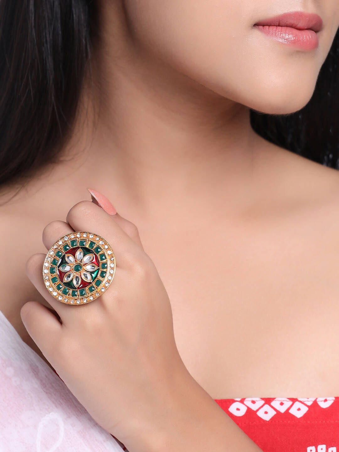 NVR Women's Traditional Kundan Meenakari Gold-Polished Ajustable Finger Ring