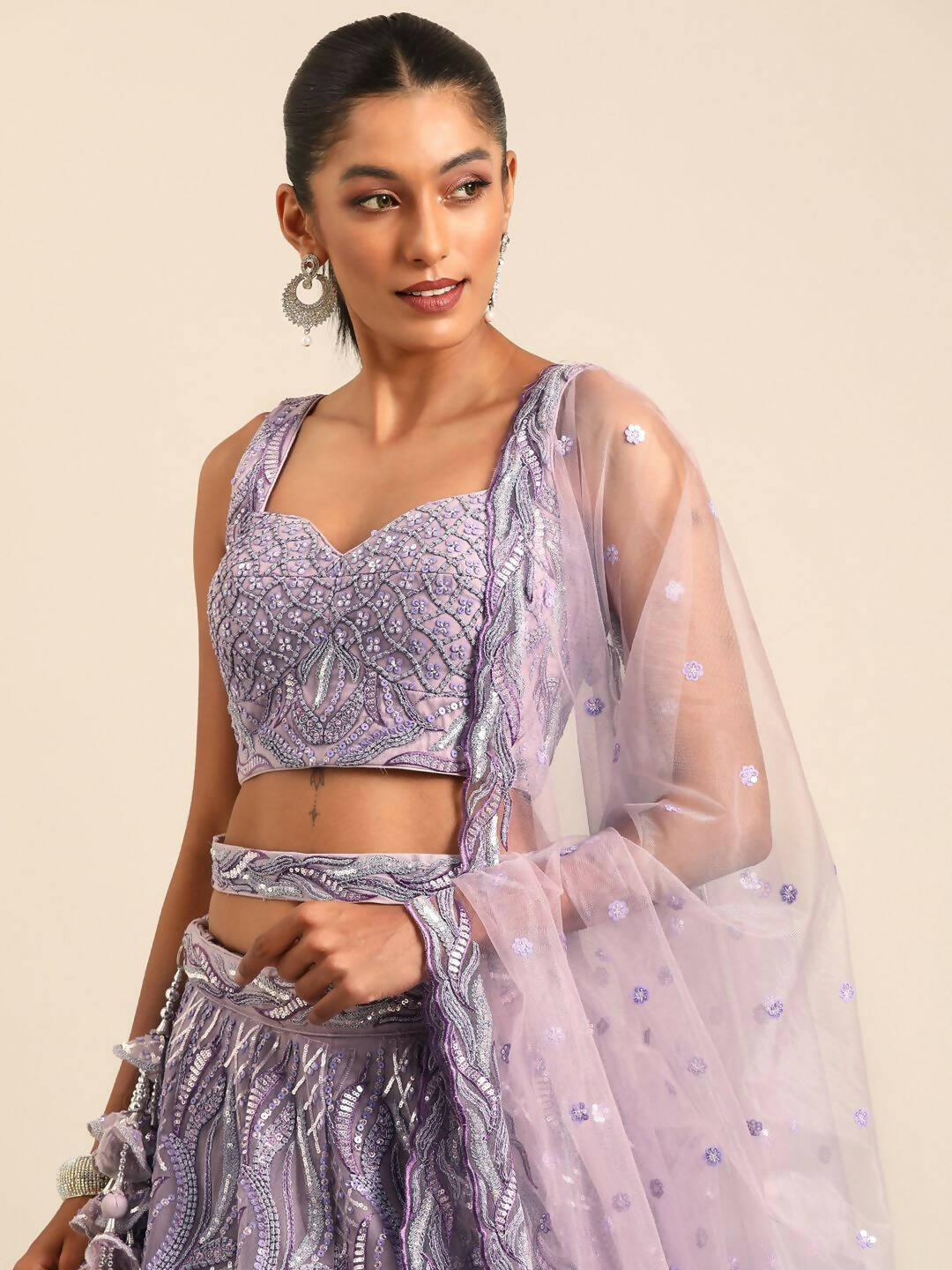 House of Panchhi Lavender Net Sequins and Zarkan embroidery Lehenga choli & Dupatta