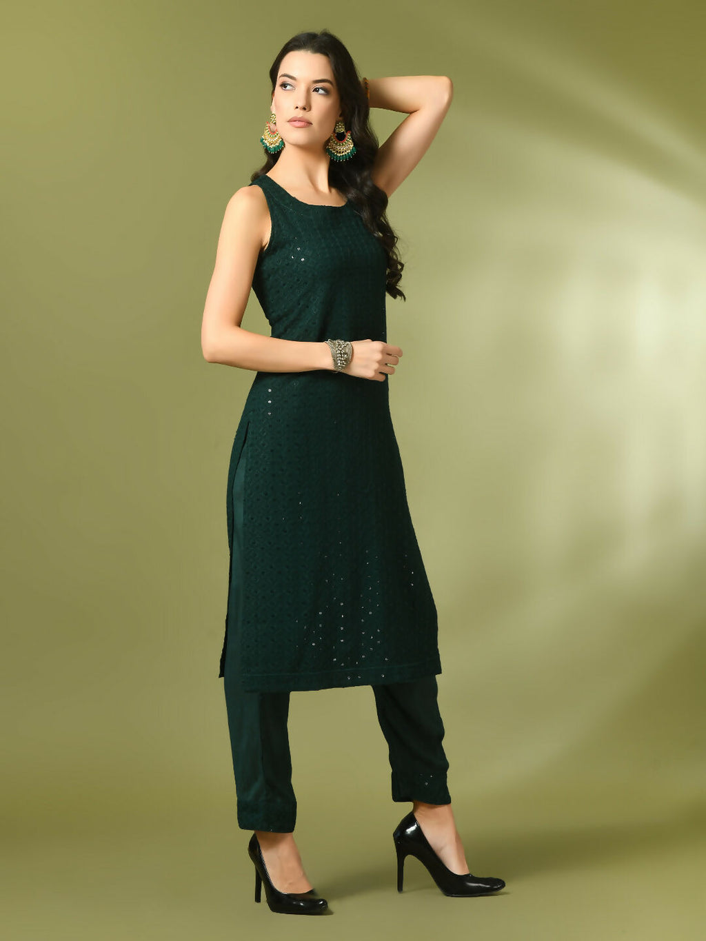 Myshka Women's Green Embroidered Cotton Straight Party Kurta Set
