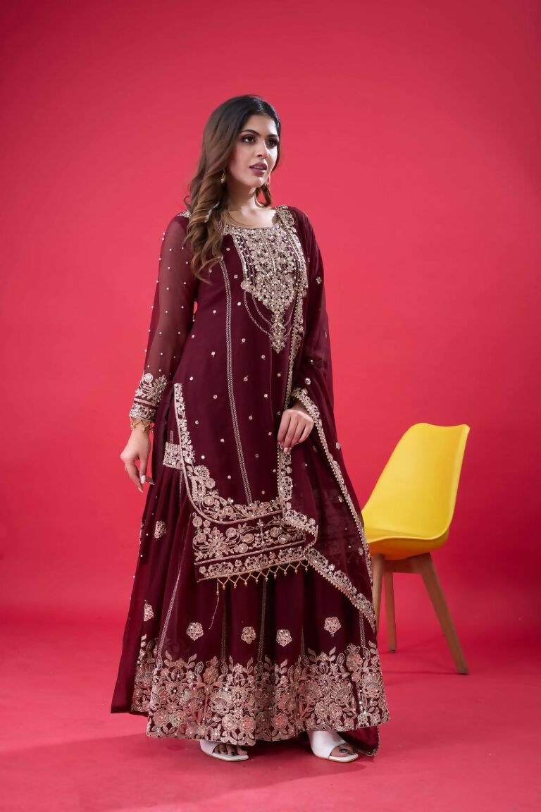 Teeya Creation Maroon Color Faux georgette Embroidery Work Sharara Set - Distacart