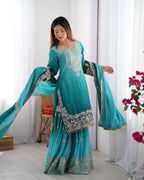 The52 Women's Beautiful Chinon silk Fabric Embroidery Work Straight Kurta Palazzo and Dupatta Set - Distacart