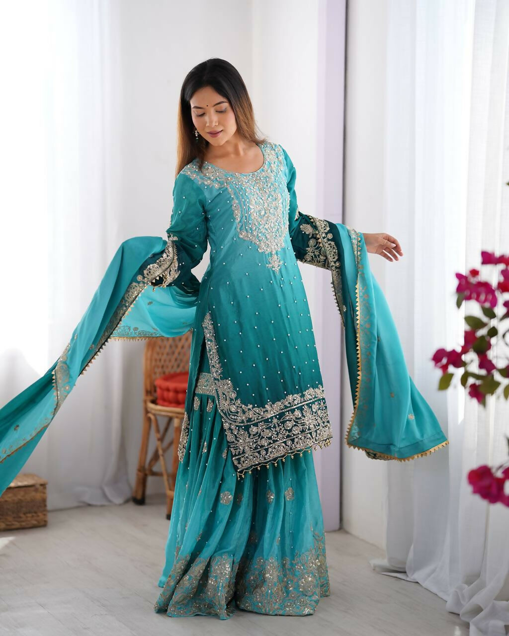 The52 Women's Beautiful Chinon silk Fabric Embroidery Work Straight Kurta Palazzo and Dupatta Set - Distacart
