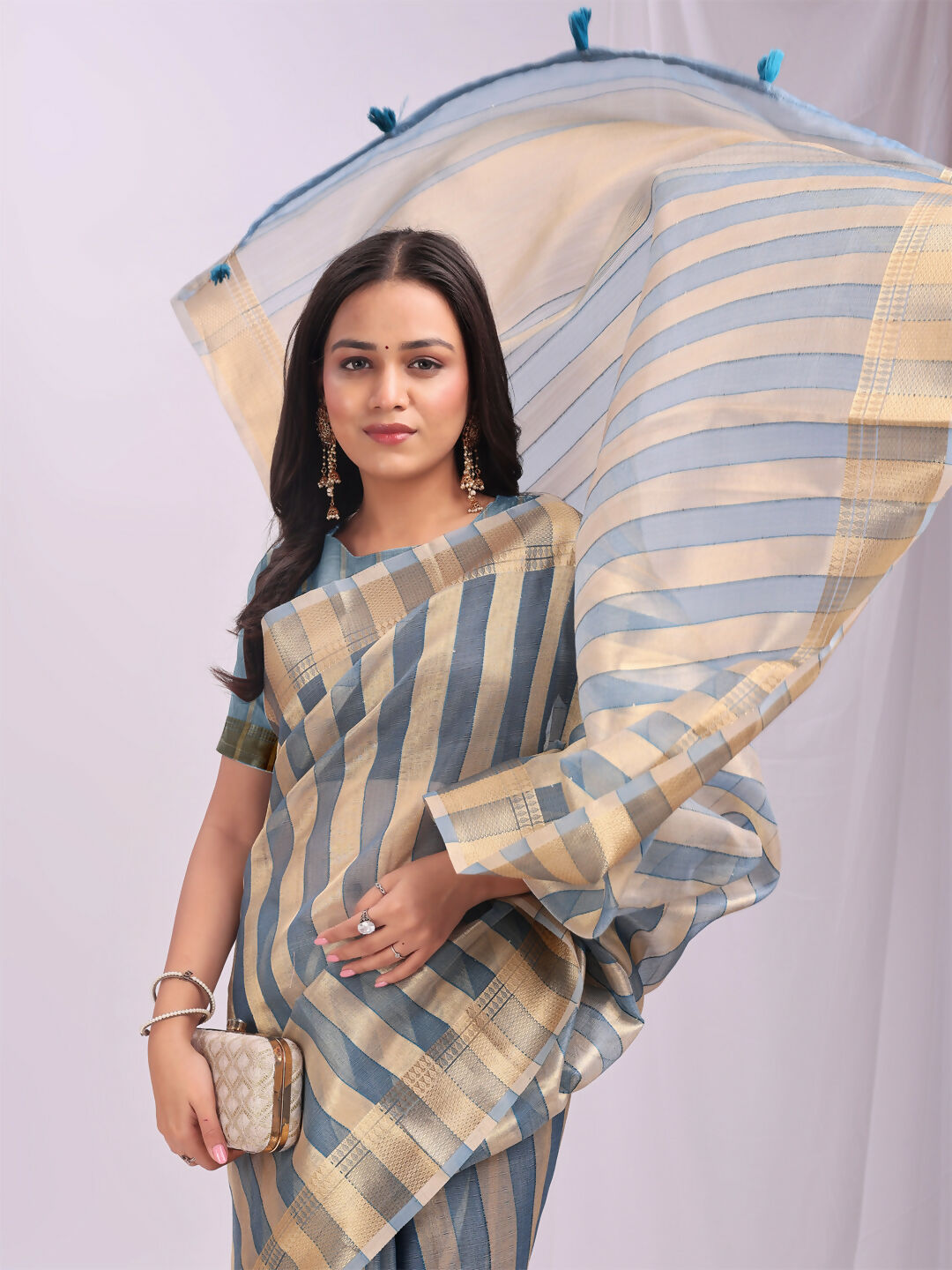 Shree Shyam Fashion Organza Sky Blue Saree - Distacart