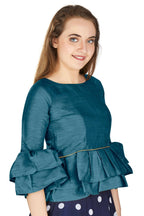 Aastha Fashion Women's Teal Art Silk Bell Sleeves attire with Poly Cotton Lining Blouse