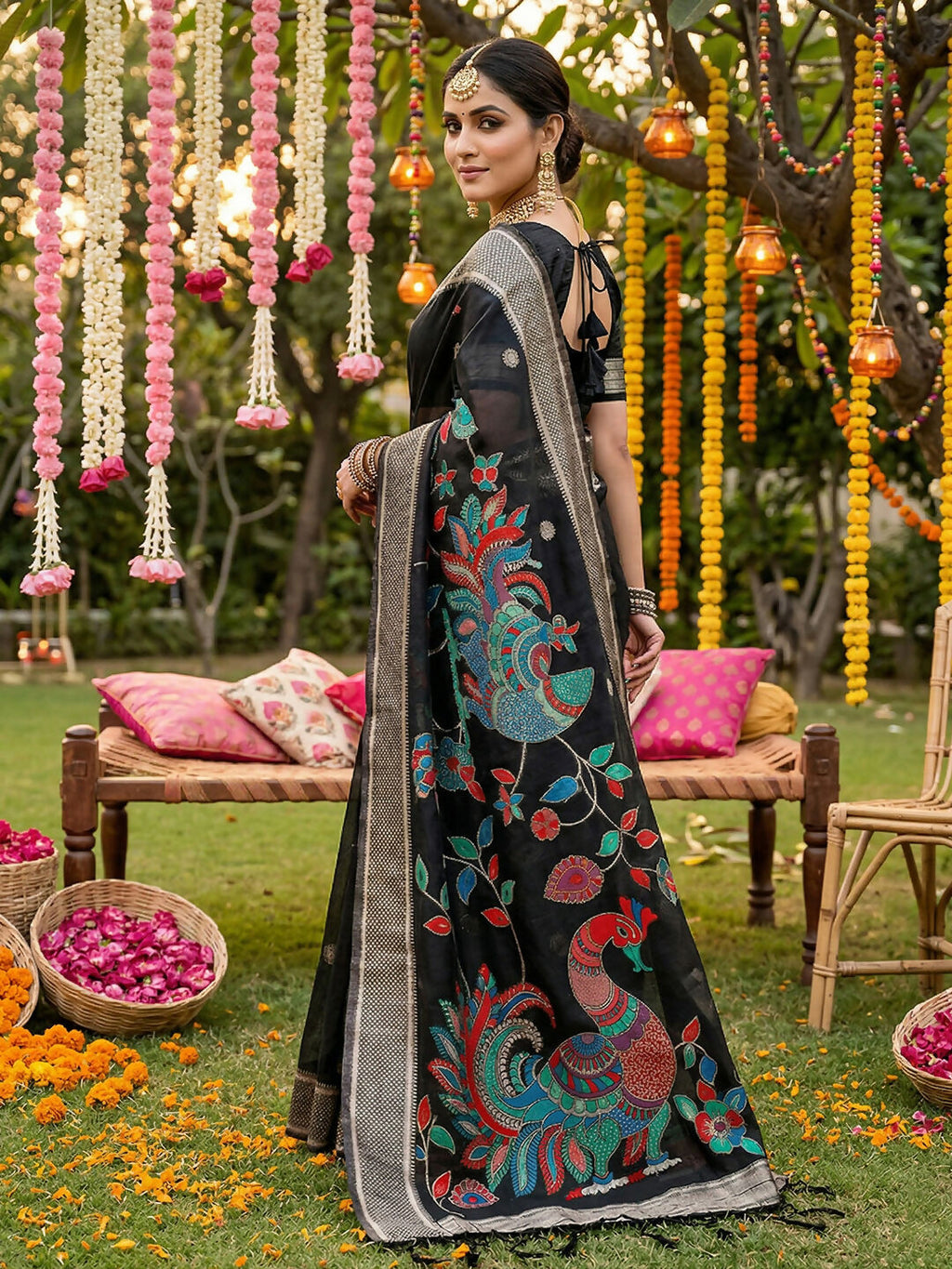 Shree Shyam Fashion Black Linen Cotton Saree - Distacart