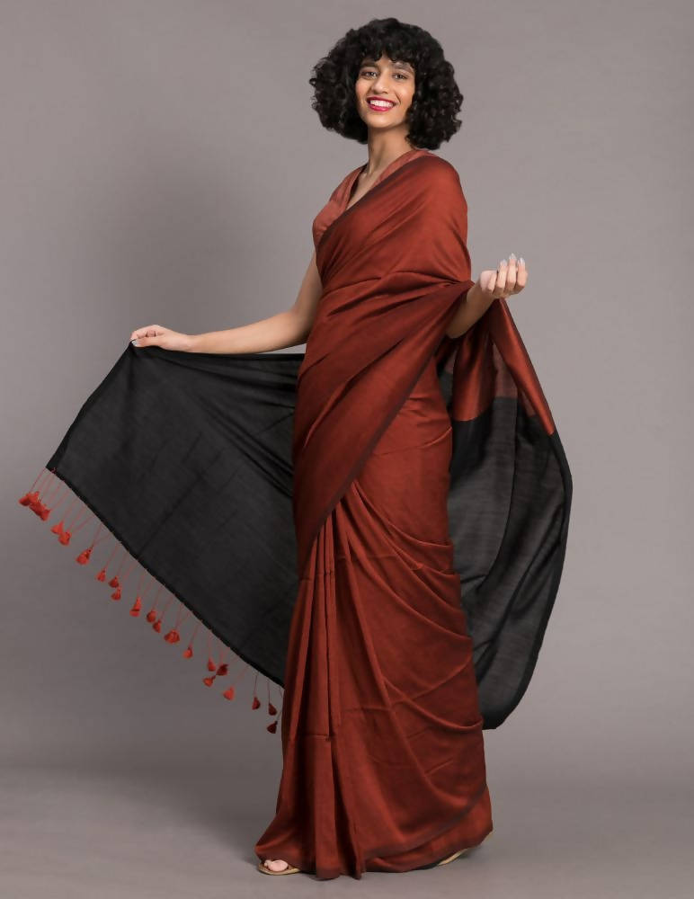 Suta Rust Brown Black Cotton Blend Colourblocked Saree - Distacart