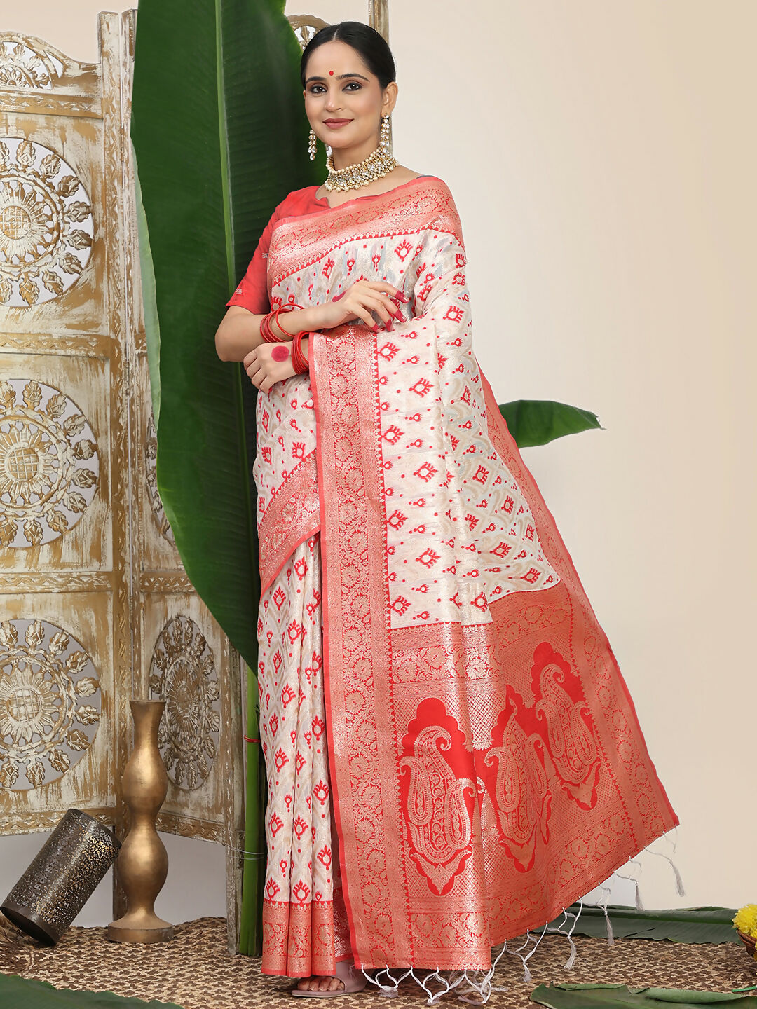 Shree Shyam Fashion Linen Cotton Red & White Saree - Distacart