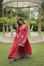 Vastranavya Premium Designer Printed With Sequins & Thread Embroidered work Kurti Palazzo & Dupatta - Red