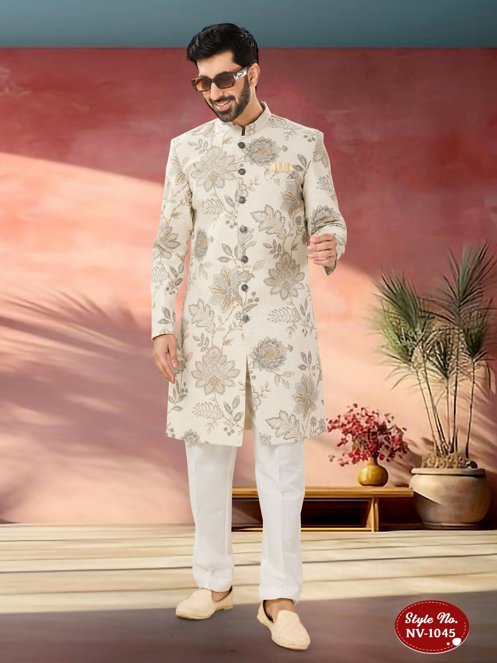 Joban Fashion Men's Beige Base Straight Swed Velvet Self-Design In Fabric Indo-Western Kurta Set