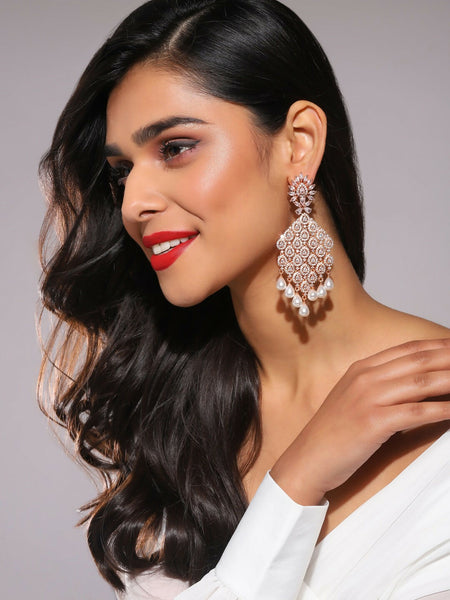Rose Gold Long Earrings with Pearl Drops- Ruby Raang