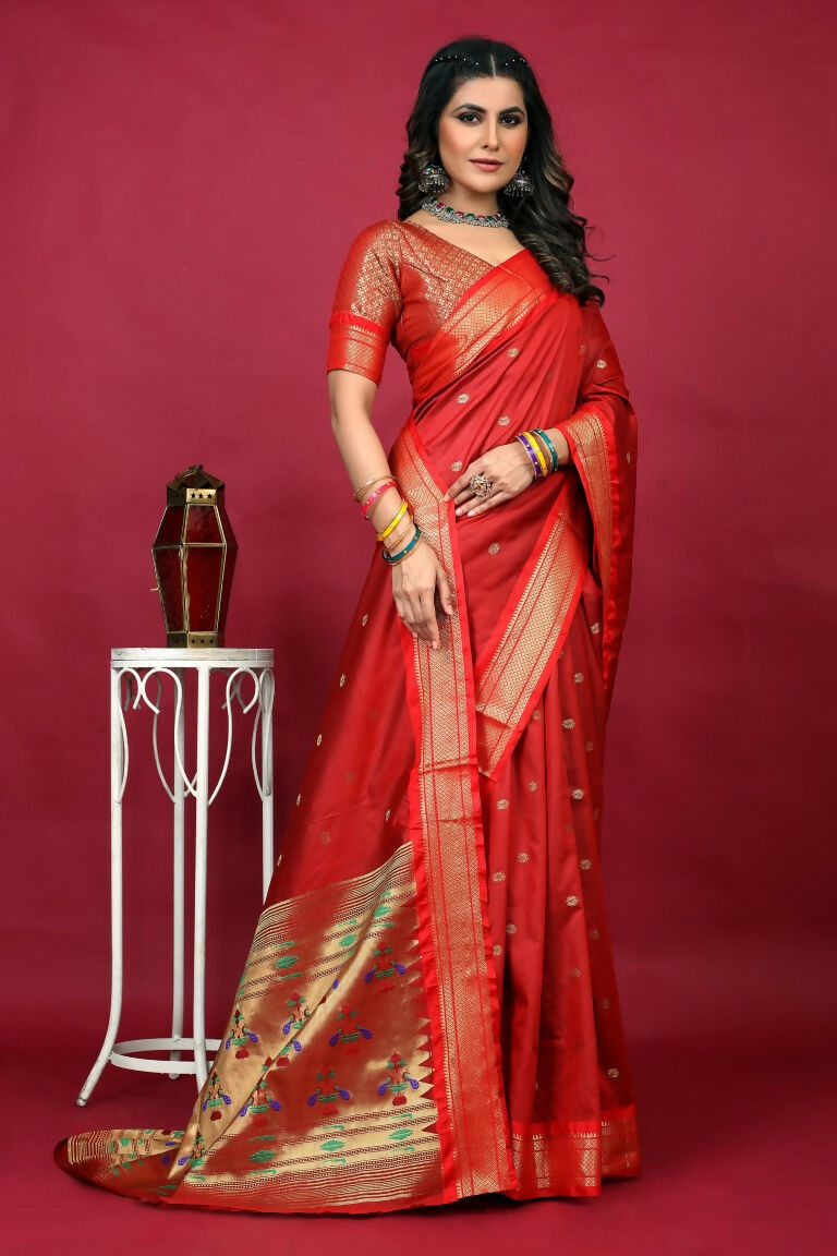 Jyoti Fashion Women's Red Paithani Silk Zari Woven Saree with Blouse