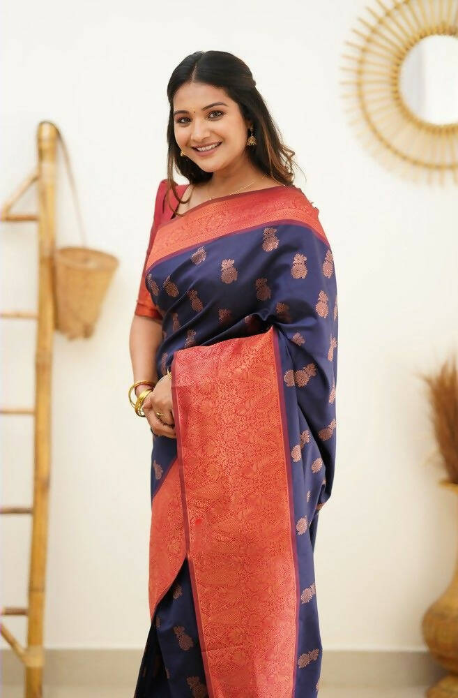 DEIANA'S Beautiful Designer Golden zari Soft Lichi Silk Saree - Blue