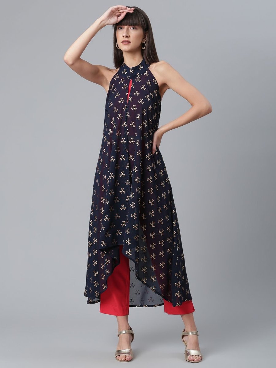 Ahalyaa Women Red Crepe Solid kurta Pant with Printed Jacket - Distacart