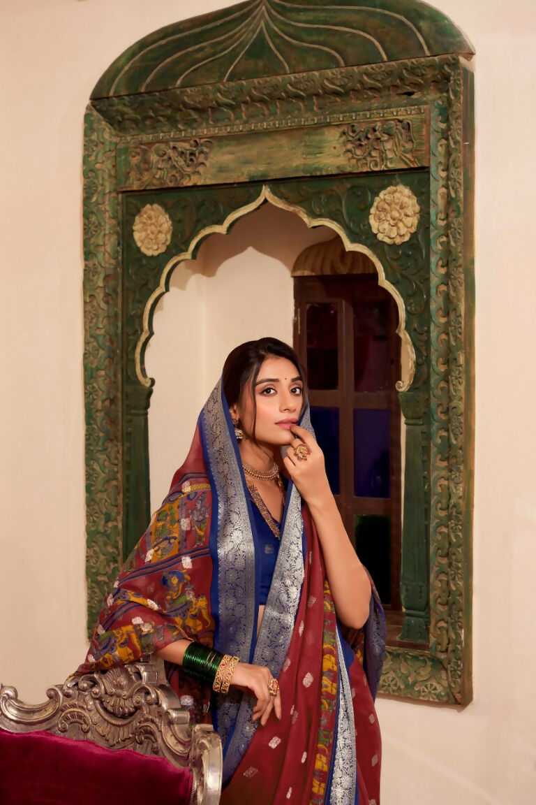 Vastranavya Maroon Poly Cotton Kalamkari Printed Saree with Unstitched Blouse