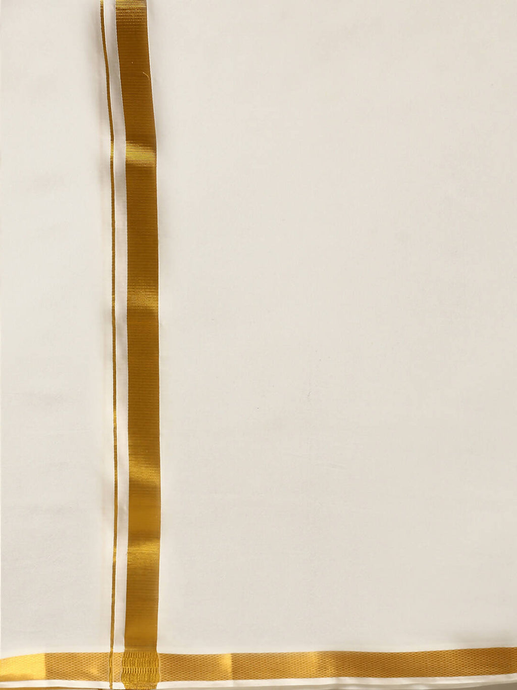 Ramraj Cotton 2 In 1 Set For Mens Readymade Cream Double Layer Pocket Dhoti With 3/4 Inch Golden Jari And Towel