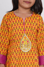 Little Bansi Girls Cotton Kurta frock with booti work,Sharara & Dupatta - Yellow