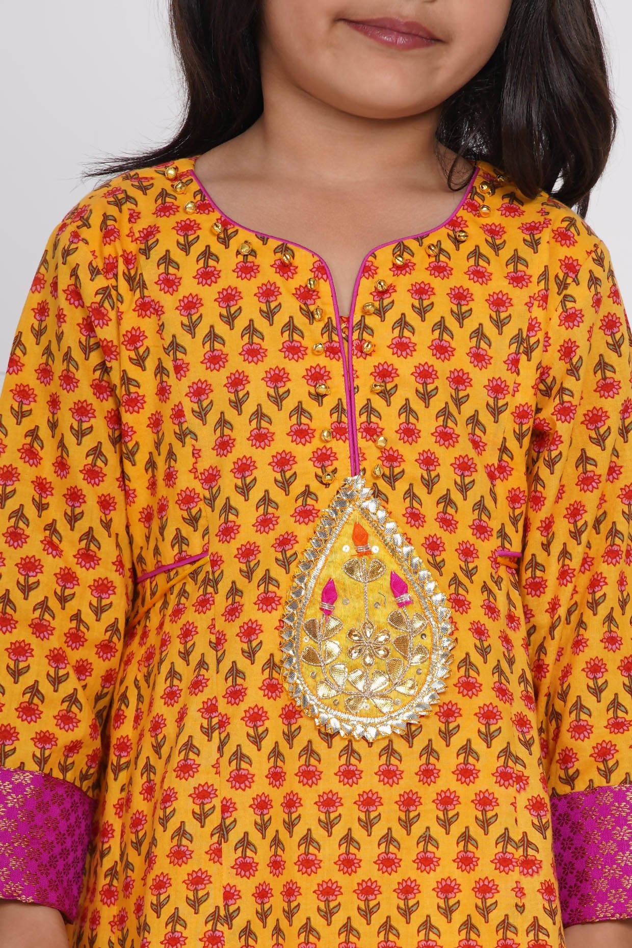 Little Bansi Girls Cotton Kurta frock with booti work,Sharara & Dupatta - Yellow