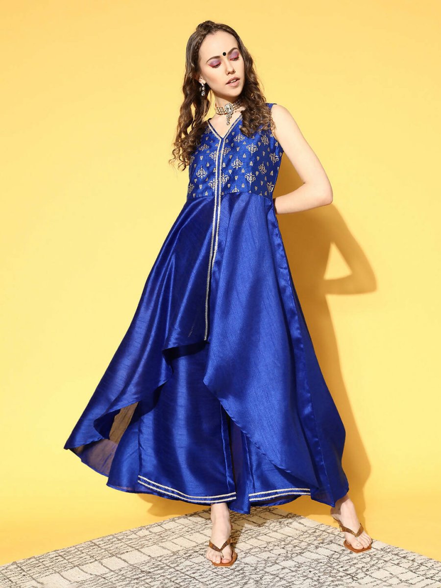 Ahalyaa Women Royal Blue Colour Poly Silk Printed Kurta Palazzo Set - Distacart