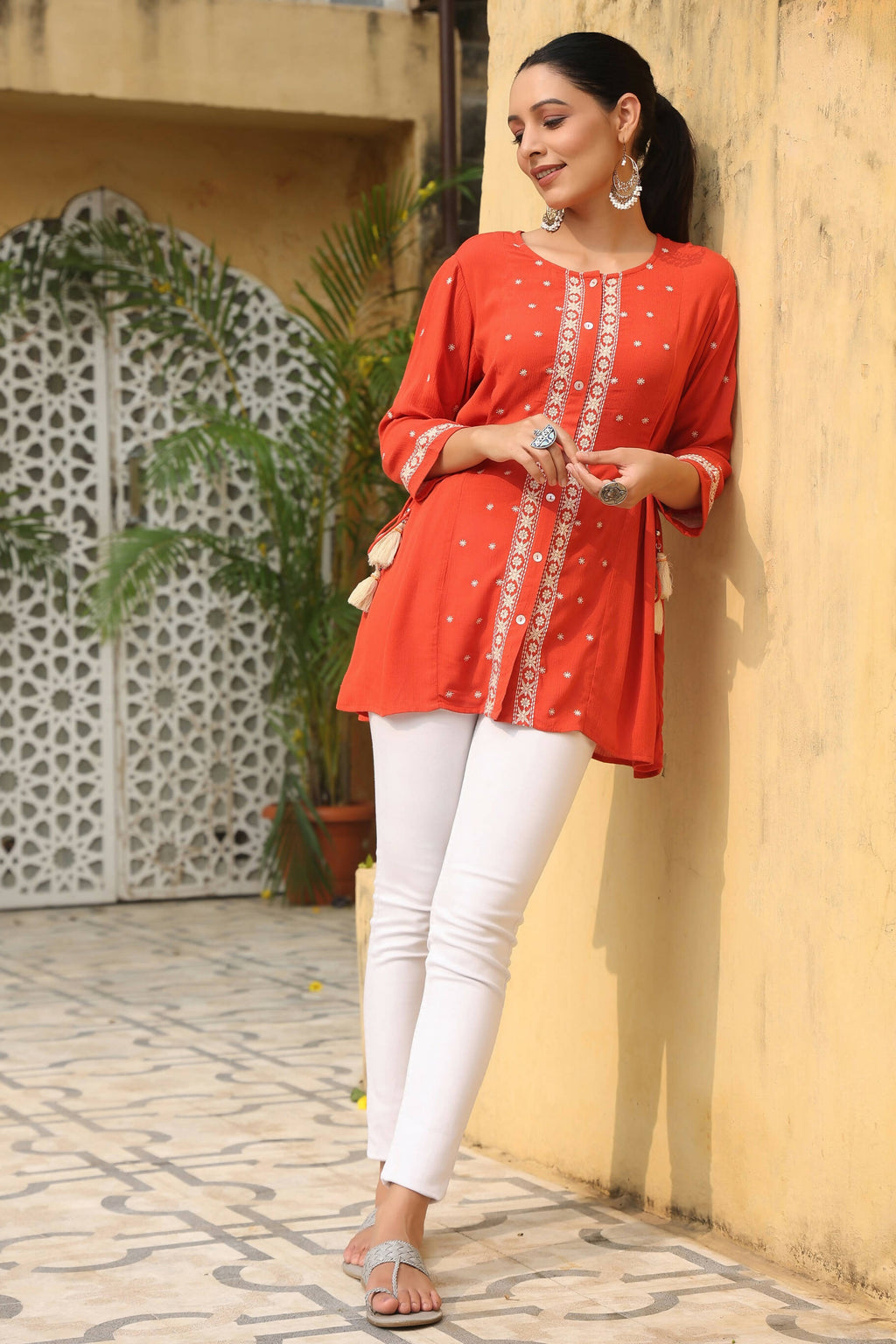 Juniper Women's Orange Rayon Crepe Embroidered Tunic - Distacart