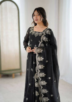 Teeya Creation Black Color Crunchy Silk Embroidery Work Wedding Wear Gown - Distacart