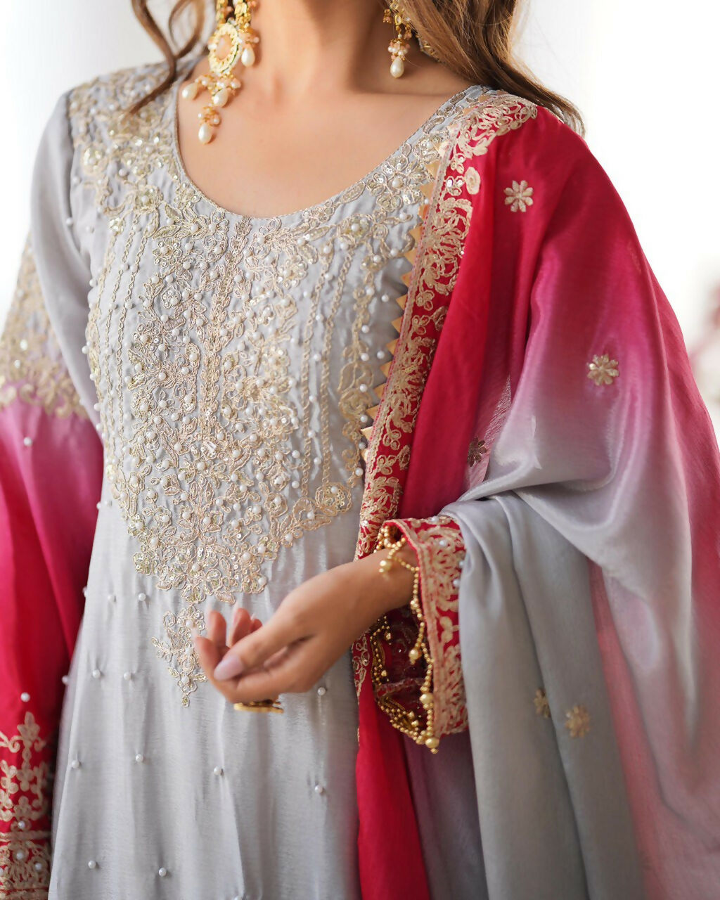 The52 Women's Beautiful Chinon silk Fabric Embroidery Work Straight Kurta Palazzo and Dupatta Set - Distacart
