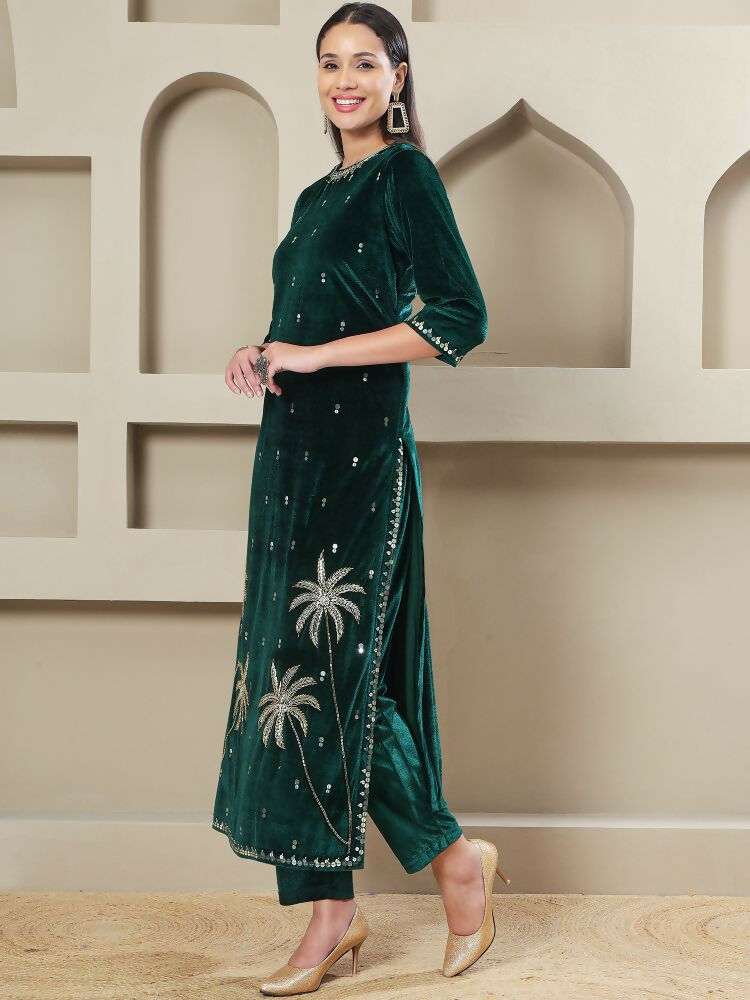 Joban Fashion Women Green Velvet Hand Embellishment Stitched Kurta Set - Distacart