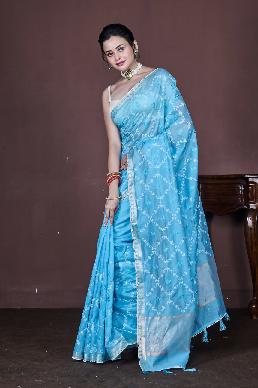 Morchari Sky Blue Cotton Chanderi Embroidery Saree Unstitched Blouse - Distacart