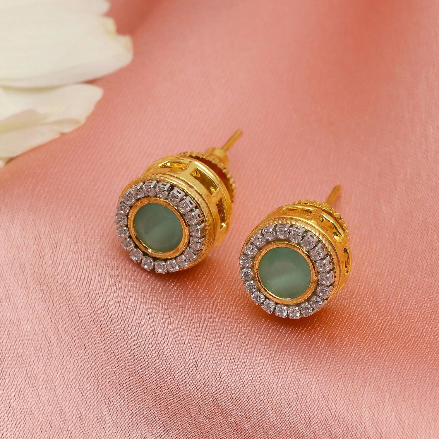 Green Round Daimond and Stone Studs (Green) - Ruby Raang - Distacart