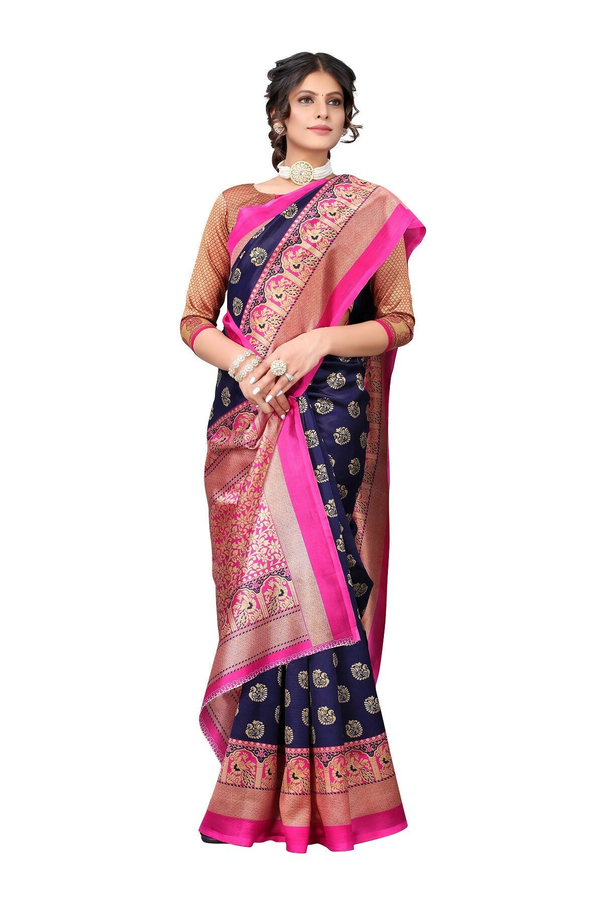 Vamika Navy Blue Printed Art Silk Saree