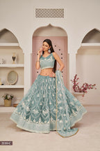 Eilara Women'S Ocean Blue Butterfly Net White Cotton Thread And Zari Sequence Embroidered Work Lehenga Choli For Wedding