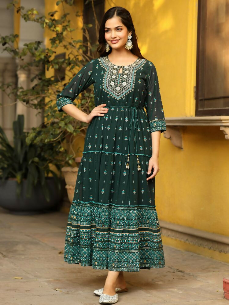 Juniper Green Ethnic Motif Printed Georgette Maxi Dress & Dori With Thread Work - Distacart