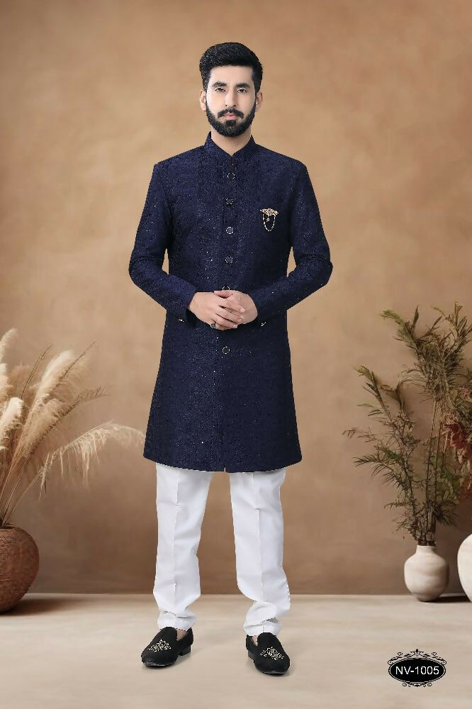 Joban Fashion Men's Blue Straight Silk Heavy Thread & Sequence Embroidery All Over Indo-Western Kurta Set
