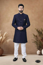 Joban Fashion Men's Blue Straight Silk Heavy Thread & Sequence Embroidery All Over Indo-Western Kurta Set