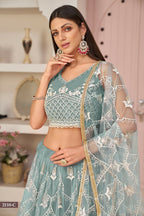 Eilara Women'S Ocean Blue Butterfly Net White Cotton Thread And Zari Sequence Embroidered Work Lehenga Choli For Wedding